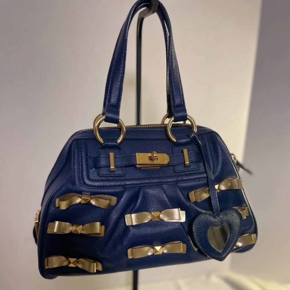 🟢 Samantha Thavasa Bow-Embellished Satchel / Boston Bag Navy Blue, Gold Hardware